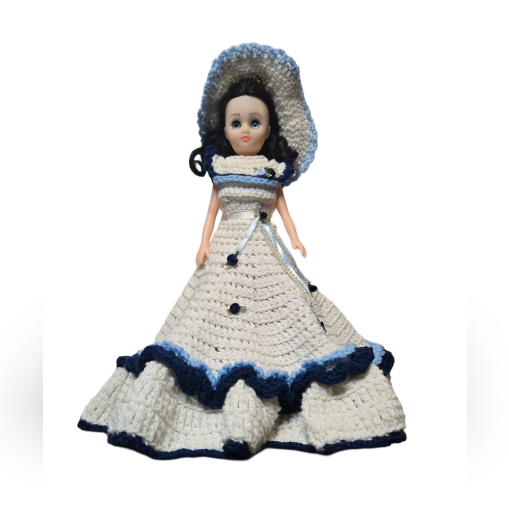 Handmade Crochet Victorian Doll – 15”‎ Tall Blue & White Dress, Sleep Eyes